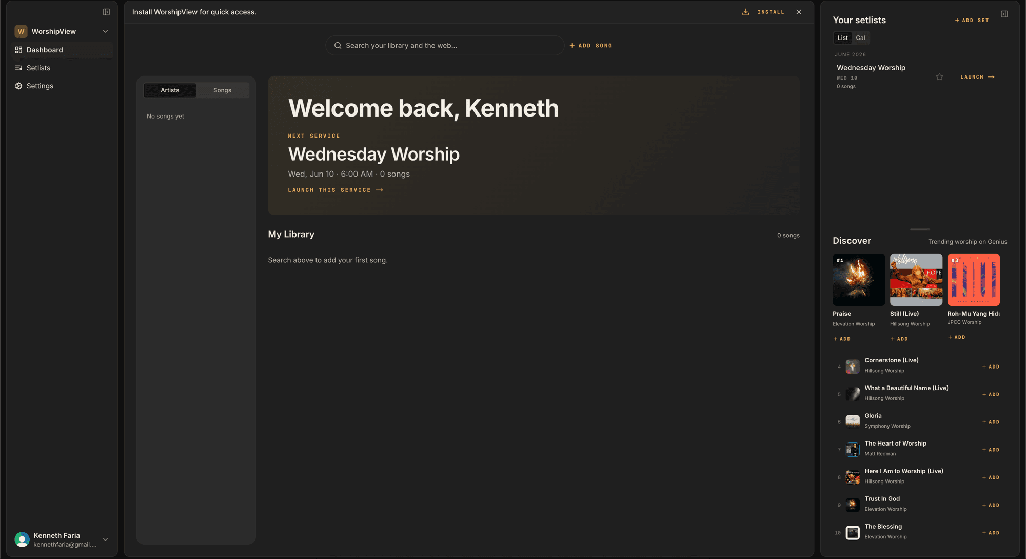 The WorshipView dashboard — song library, next service, and setlists in one place.